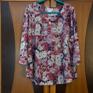 NWT Allison Daley Brushed Soft Floral Fabric Top w/Bow Neck Detail & Sparkles
